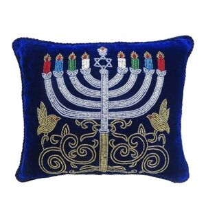 Sudha Pennathur Neiman Marcus BEADED Menorah & Doves Pillow Hanukkah Blue Velvet